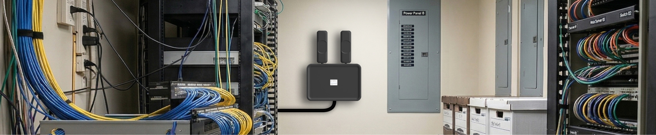 Ooma AirDial device mounted in a telecom room beside network racks and copper wiring
