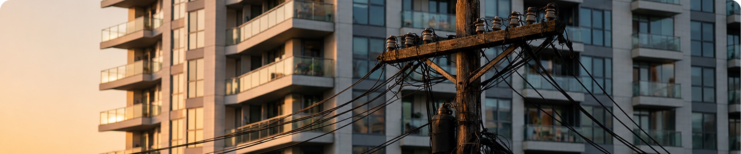 Copper telephone lines on a utility pole in front of an apartment building at sunset