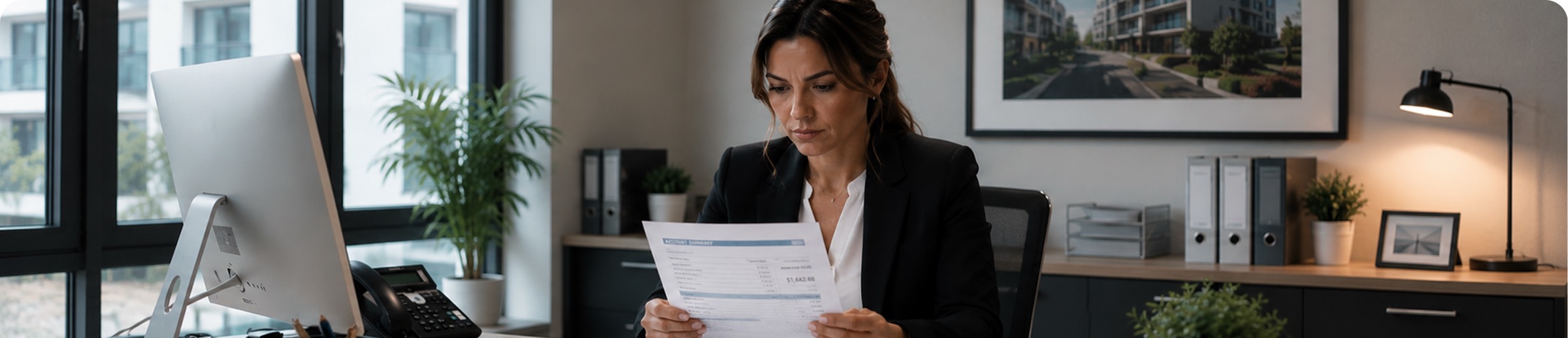 Business professional reviewing a rising phone bill invoice at an office desk
