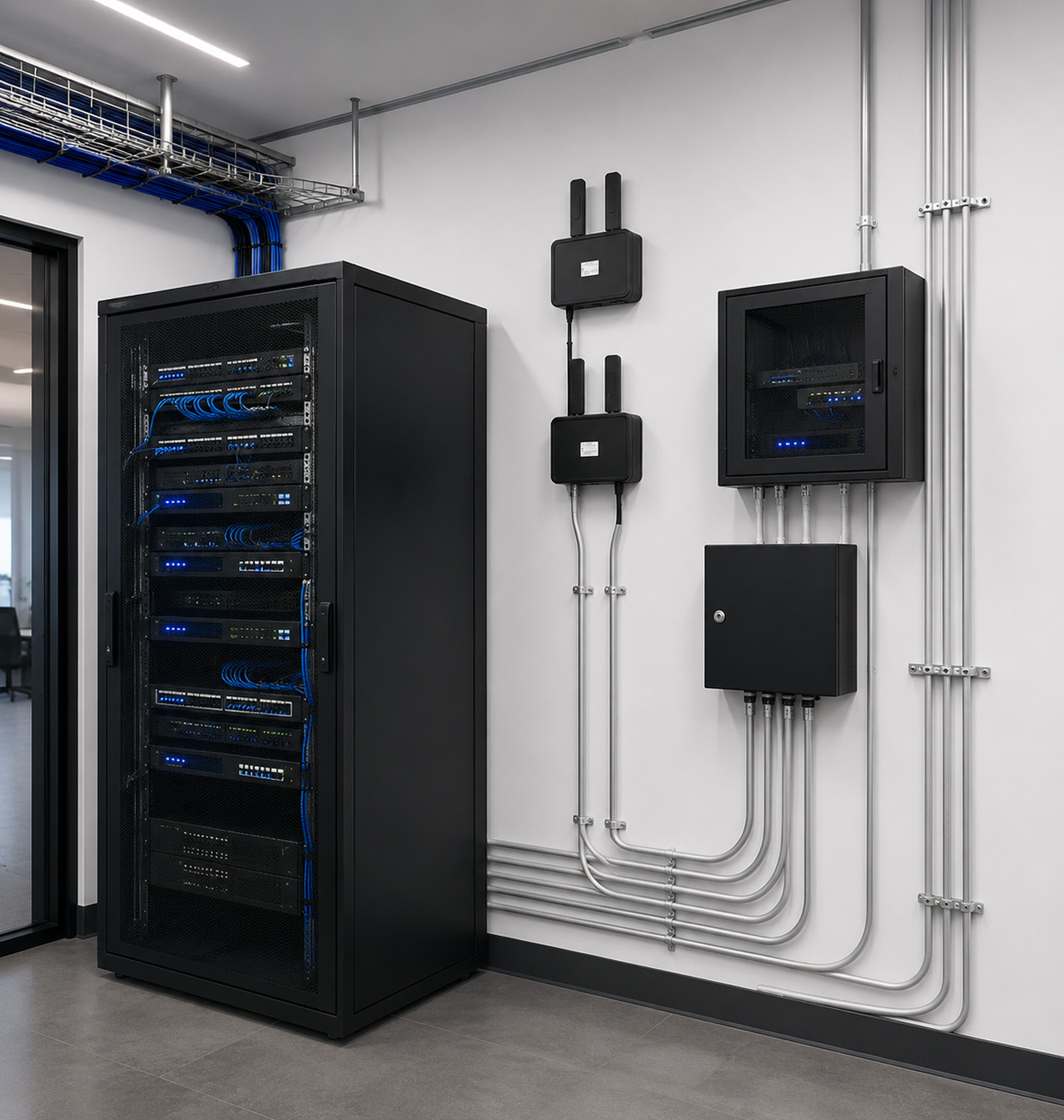 Ooma AirDial devices installed alongside a network rack, replacing POTS lines for critical systems