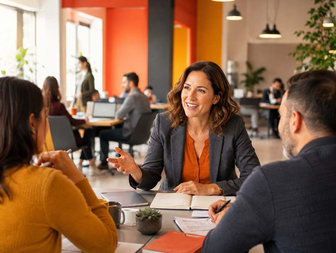 Three coworkers talking across a table in an open-plan office