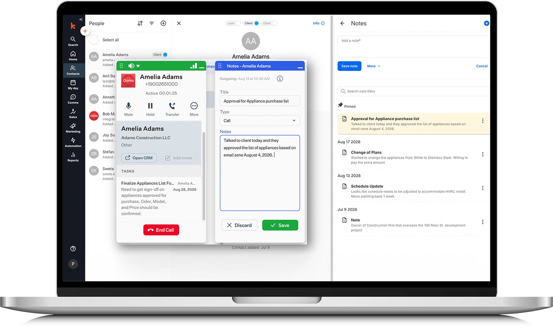 Ooma Office call window and notes shown inside Keap