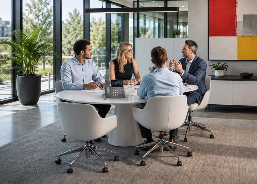 Four coworkers meeting around a conference table with an Ooma Office desk phone