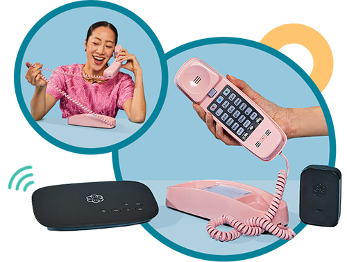 Woman using a pink Ooma retro phone with Ooma Telo home phone system.