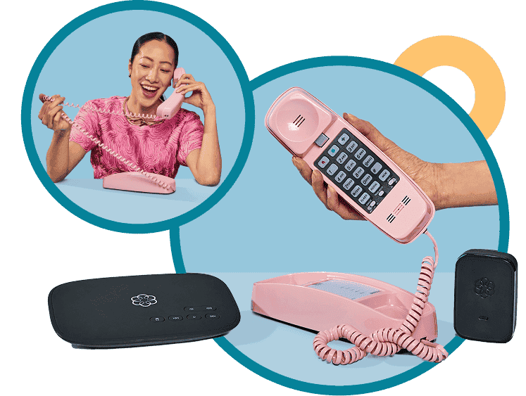Woman using a pink Ooma retro phone with Ooma Telo home phone system.