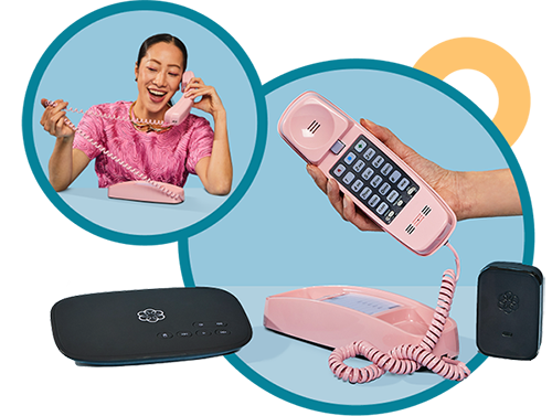 Woman using a pink Ooma retro phone with Ooma Telo home phone system.