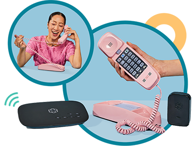 Woman using a pink Ooma retro phone with Ooma Telo home phone system.