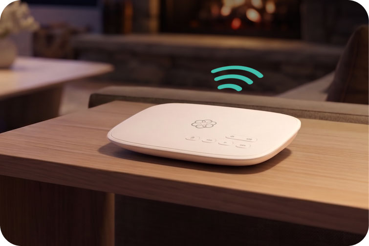 Ooma StarDial Base Station on a console table connected over Wi-Fi