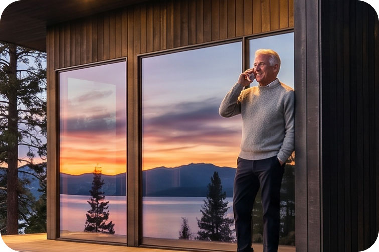 Man making a call on the Ooma HD3 cordless handset by a window