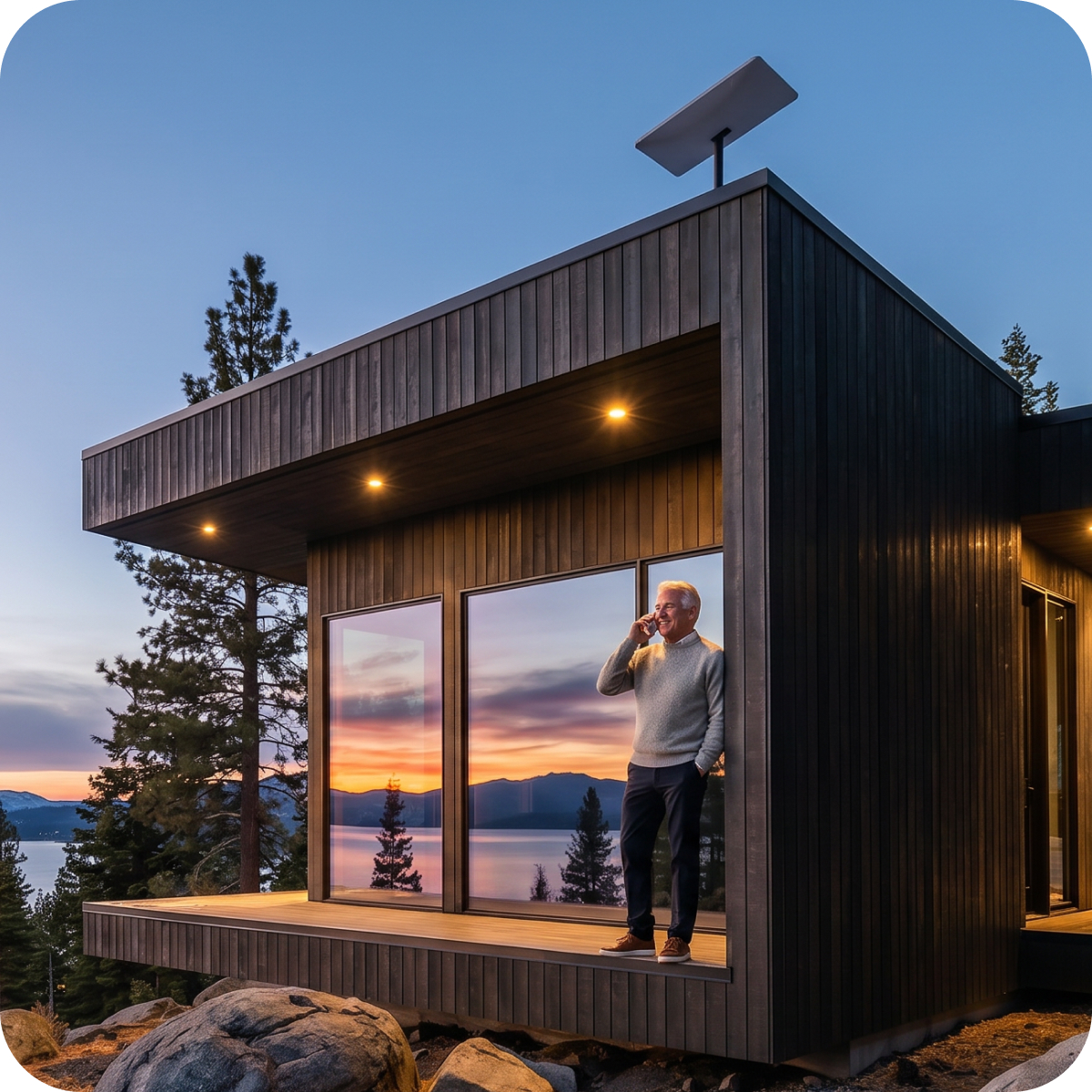 Man on a call outside a modern cabin equipped with Starlink and Ooma StarDial