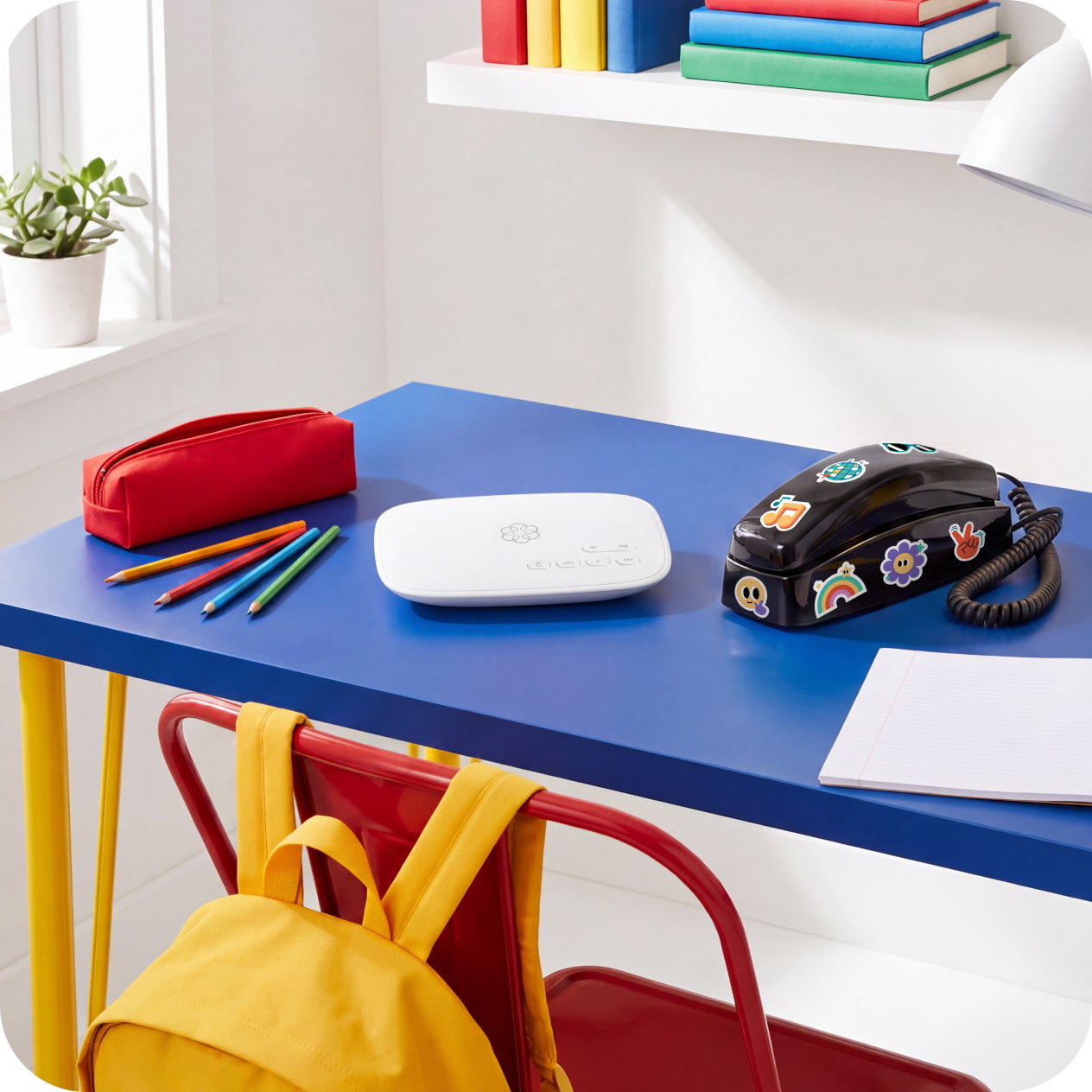 A black MyPhone and Ooma Telo on a child's blue study desk