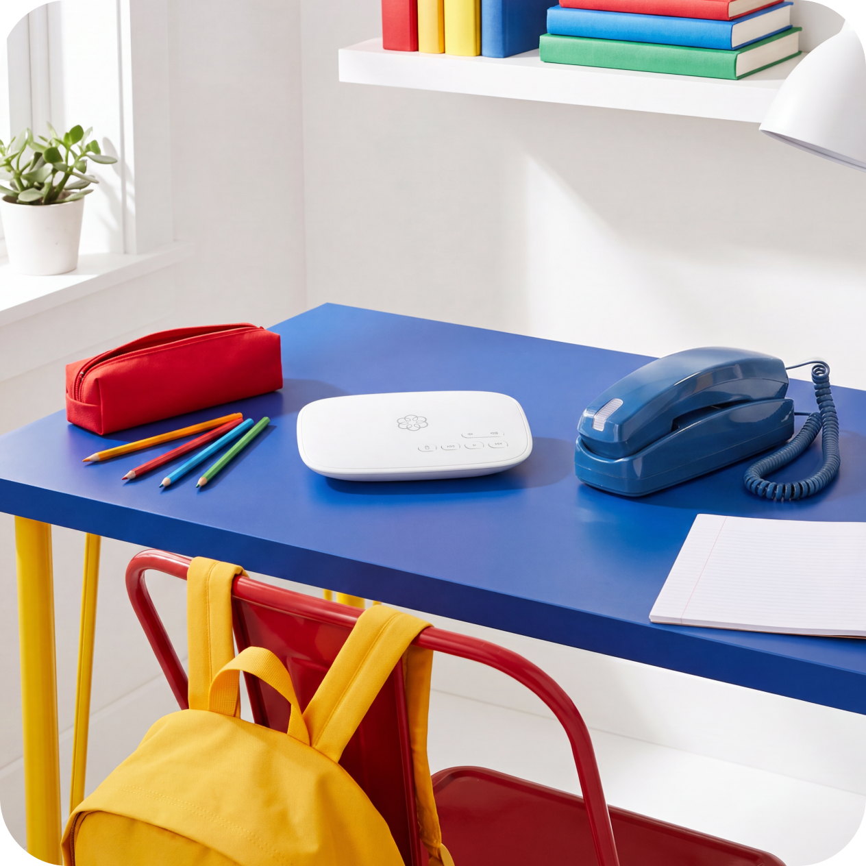 A blue MyPhone and Ooma Telo on a child's blue study desk