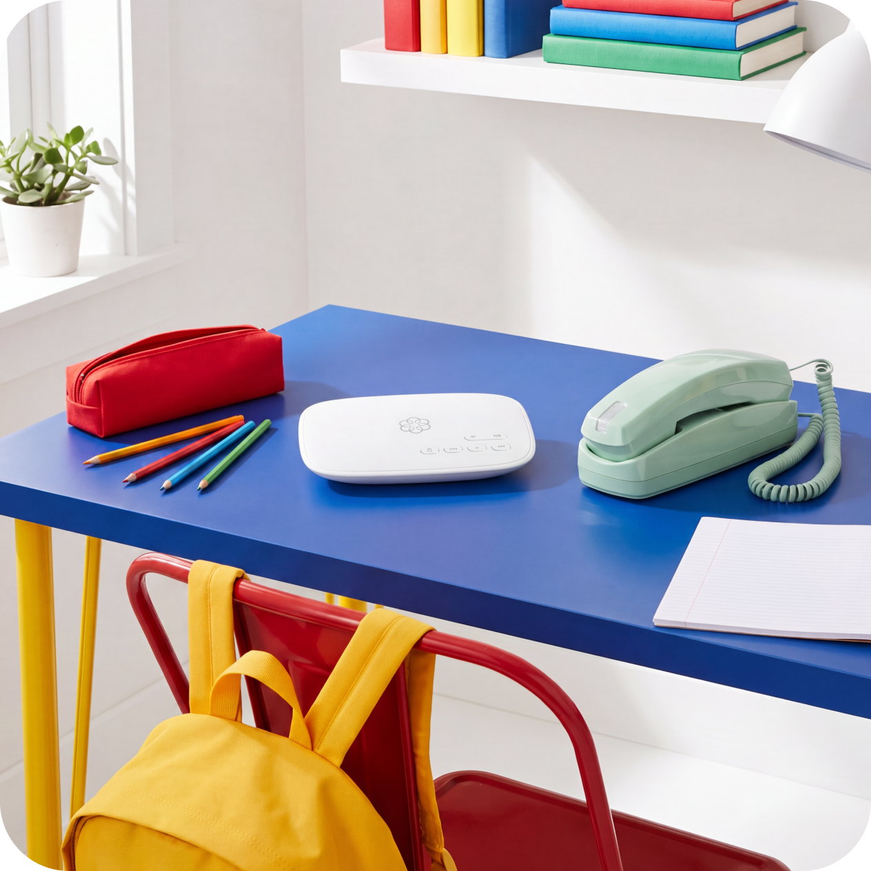 A green MyPhone and Ooma Telo on a child's blue study desk
