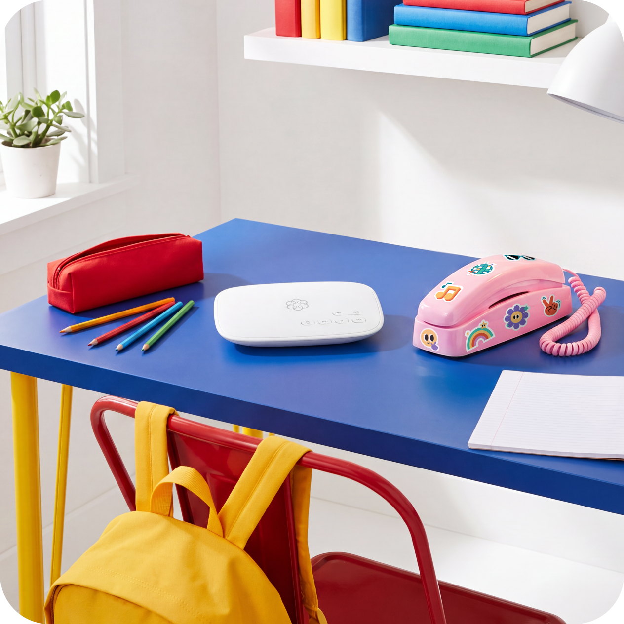 A pink MyPhone and Ooma Telo on a child's blue study desk