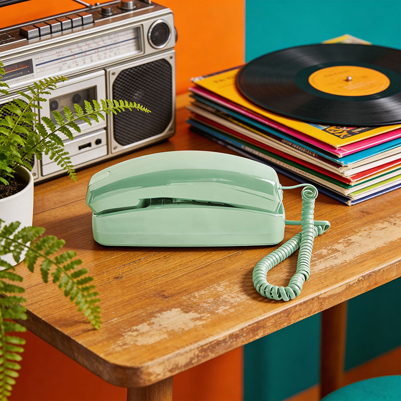 An image of Ooma Telo with Retro Black Phone on a table.